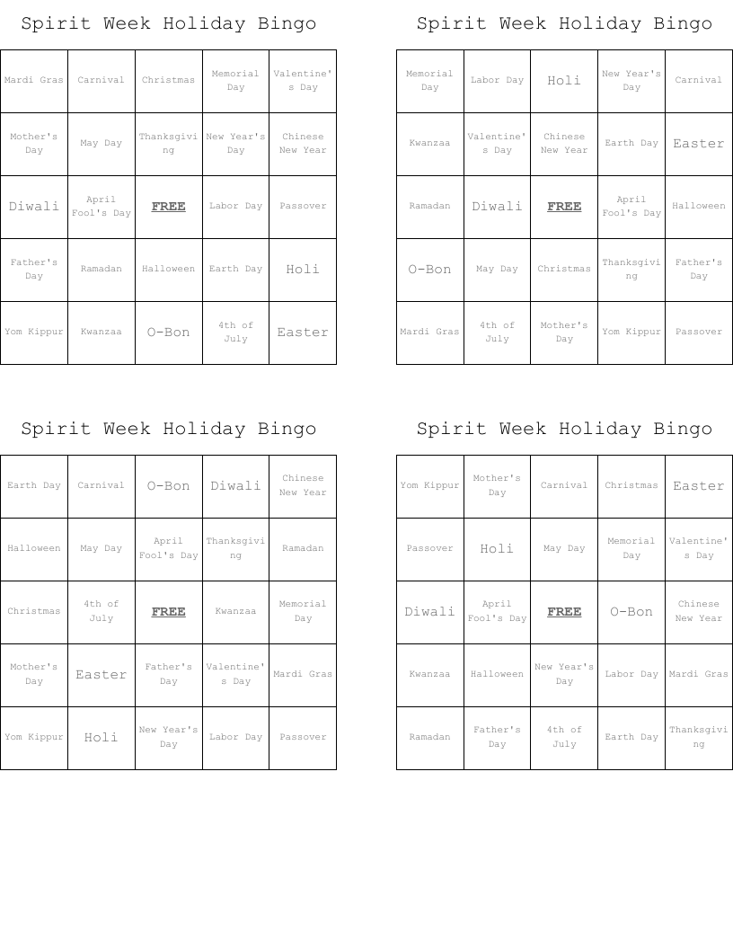 Spirit Week Holiday Bingo