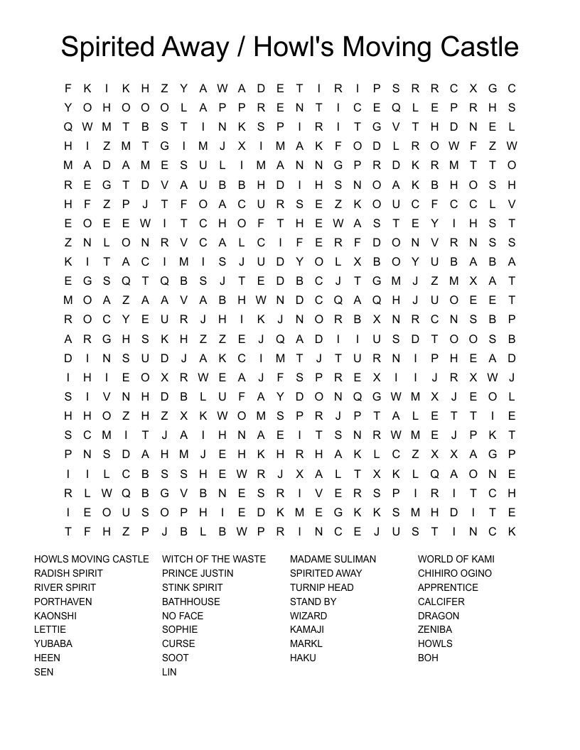 Spirited Away / Howl's Moving Castle Word Search