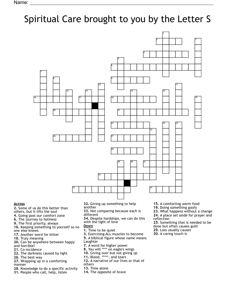 Spiritual Care brought to you by the Letter S Crossword