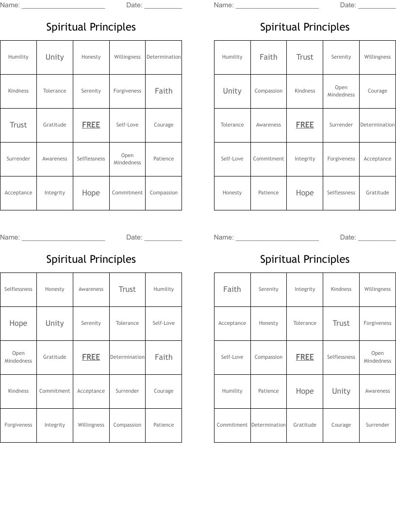 Spiritual Principles Bingo Cards