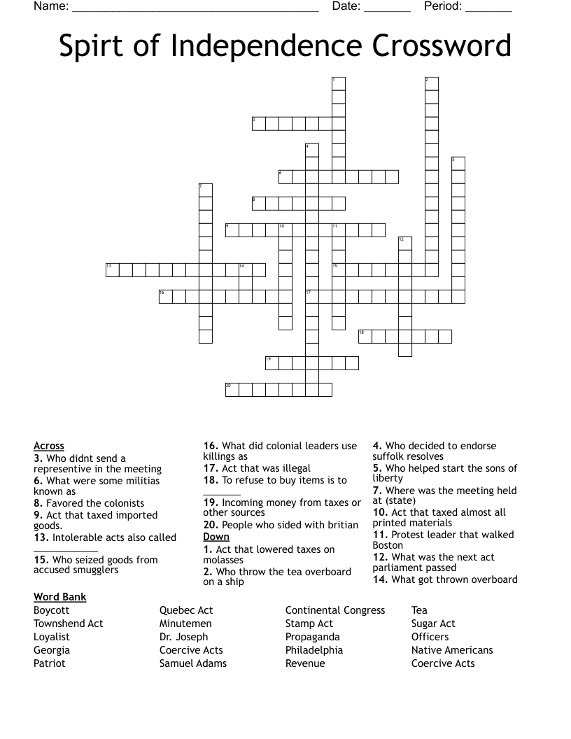 Spirt of Independence Crossword