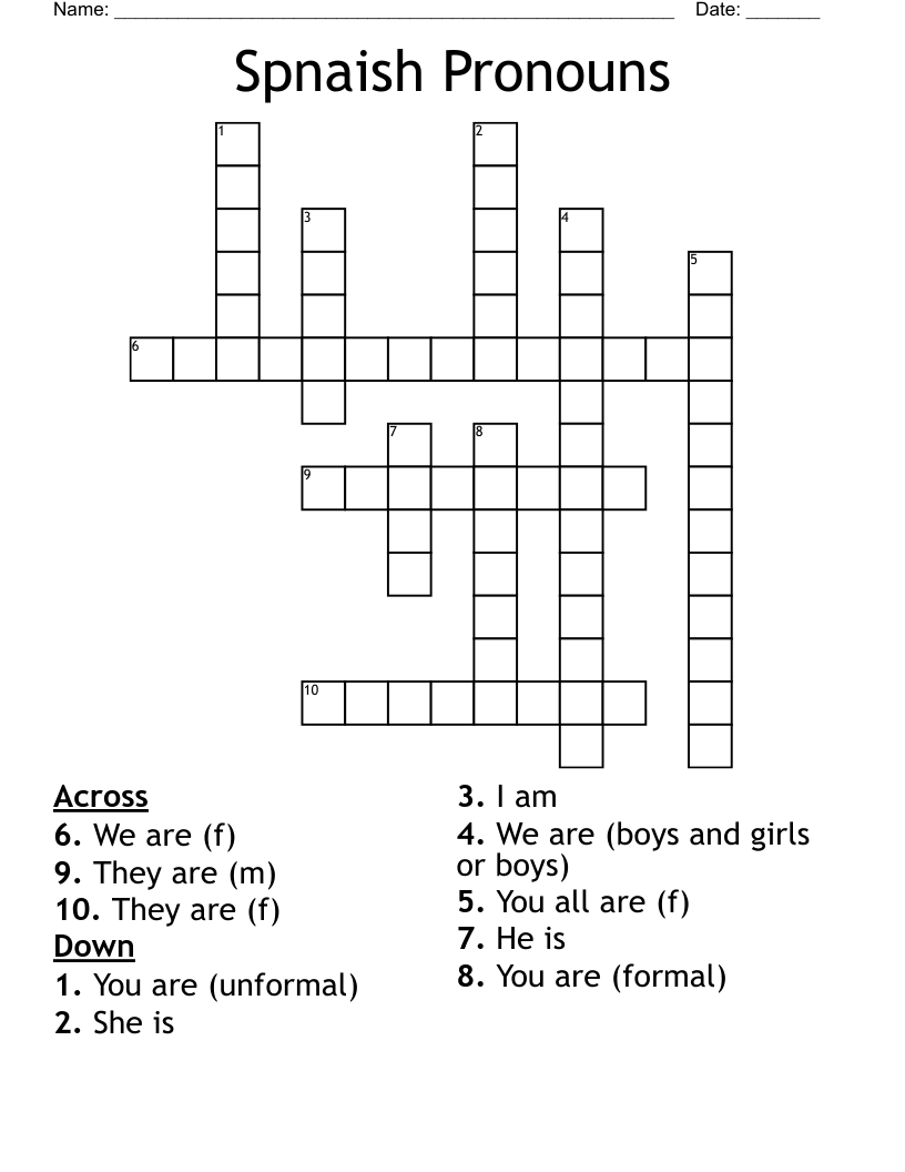 Spnaish Pronouns Crossword