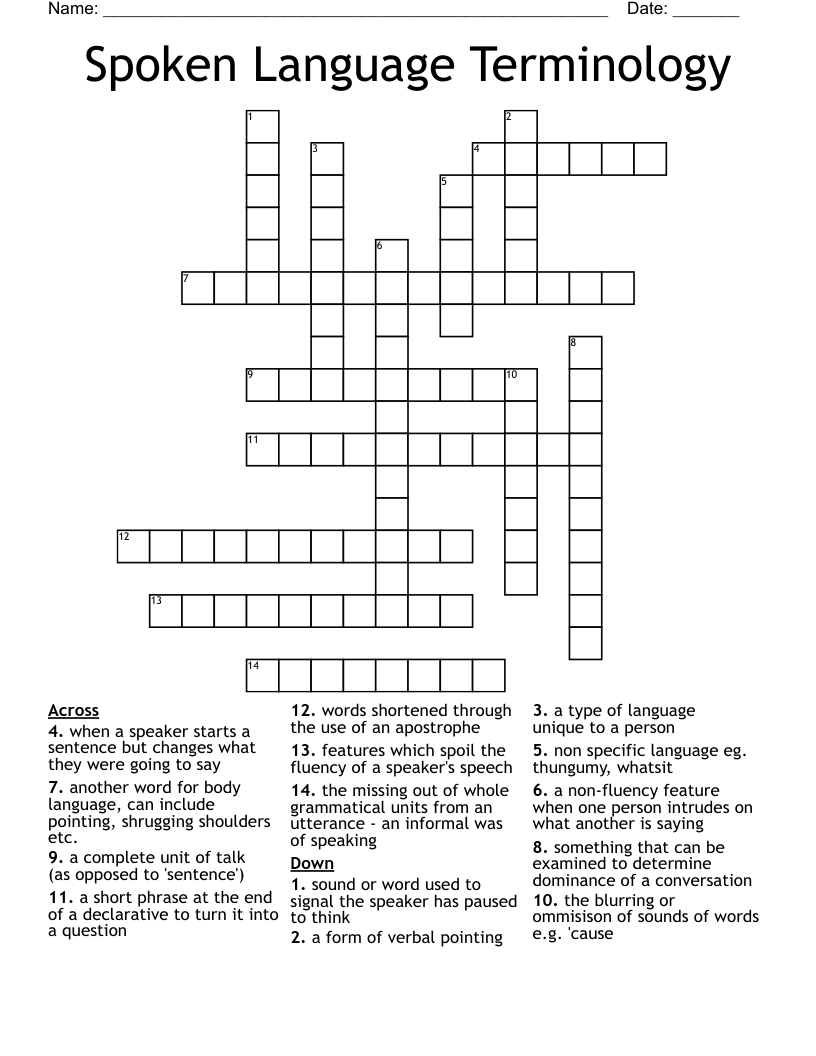 Spoken Language Terminology Crossword