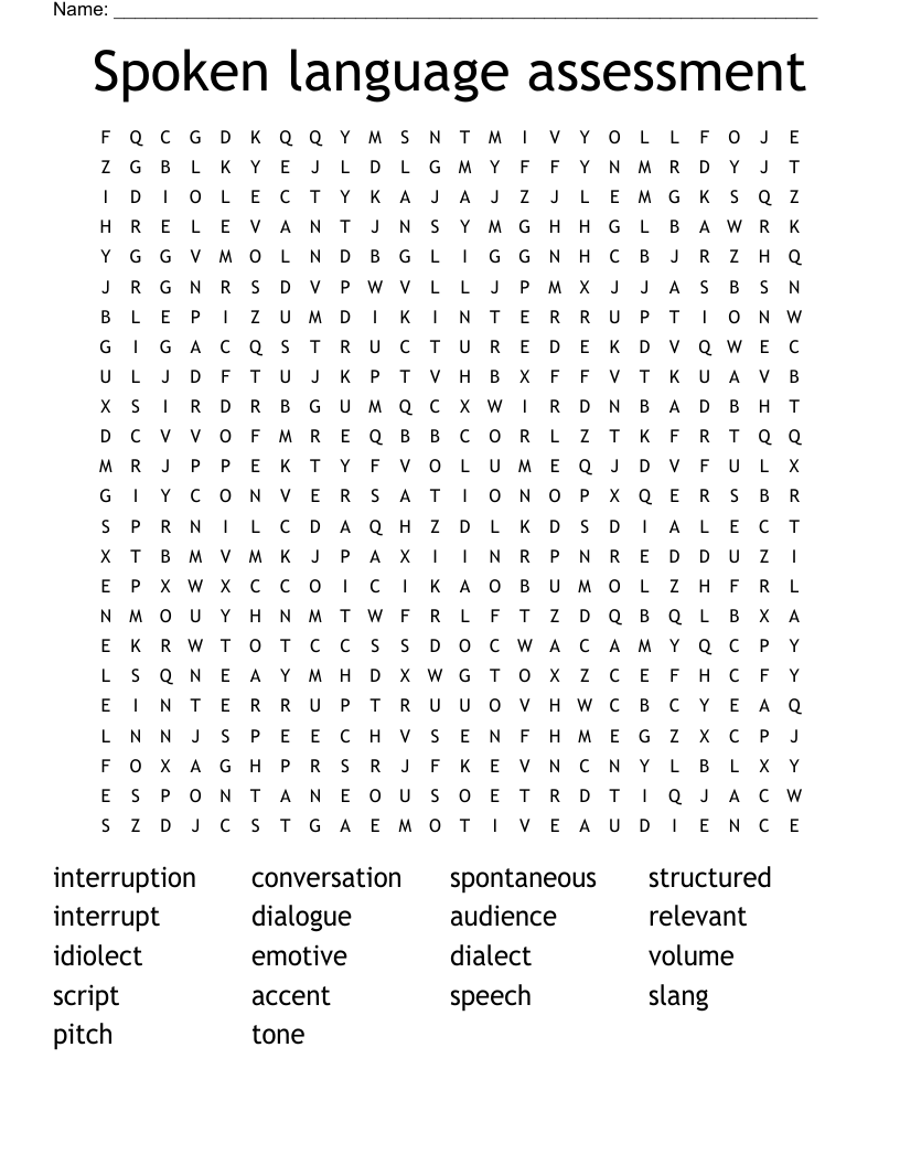 Spoken language assessment Word Search