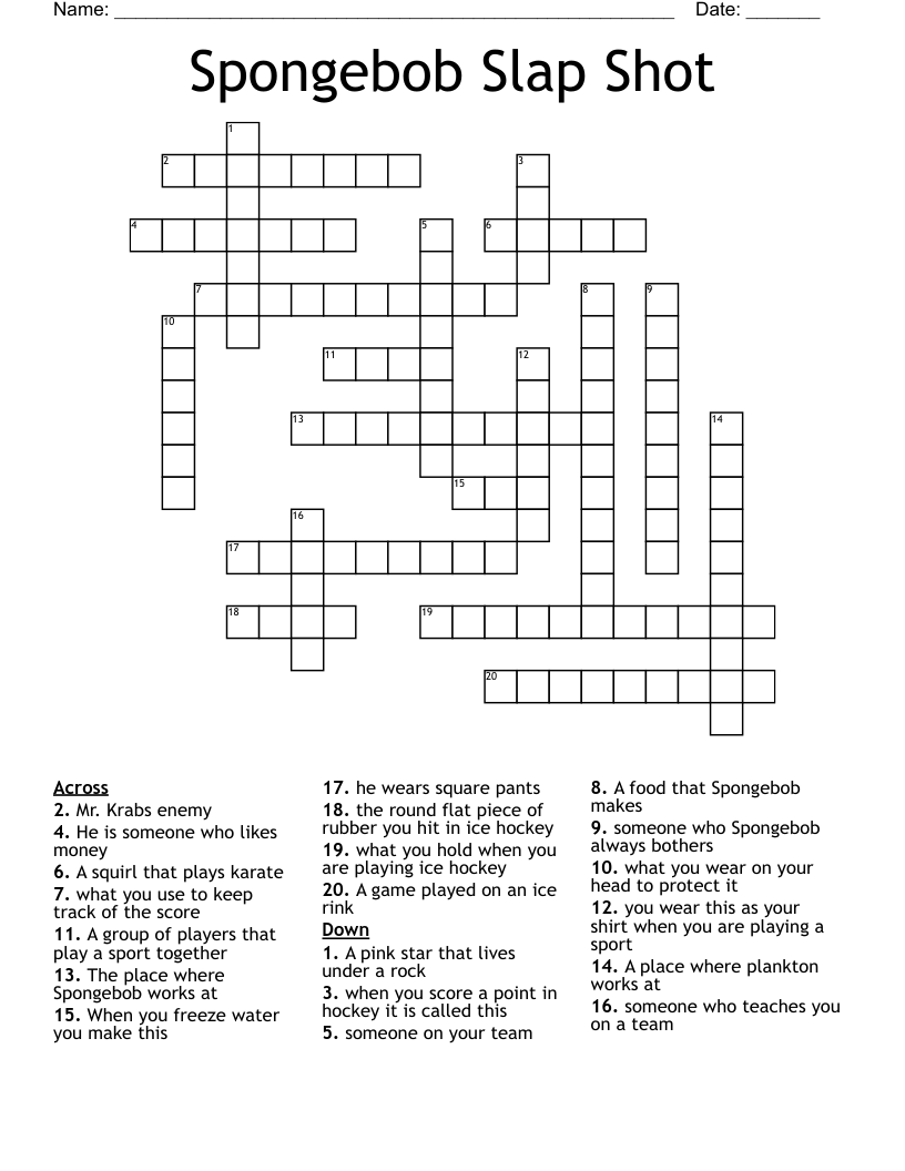 Spongebob Slap Shot Crossword