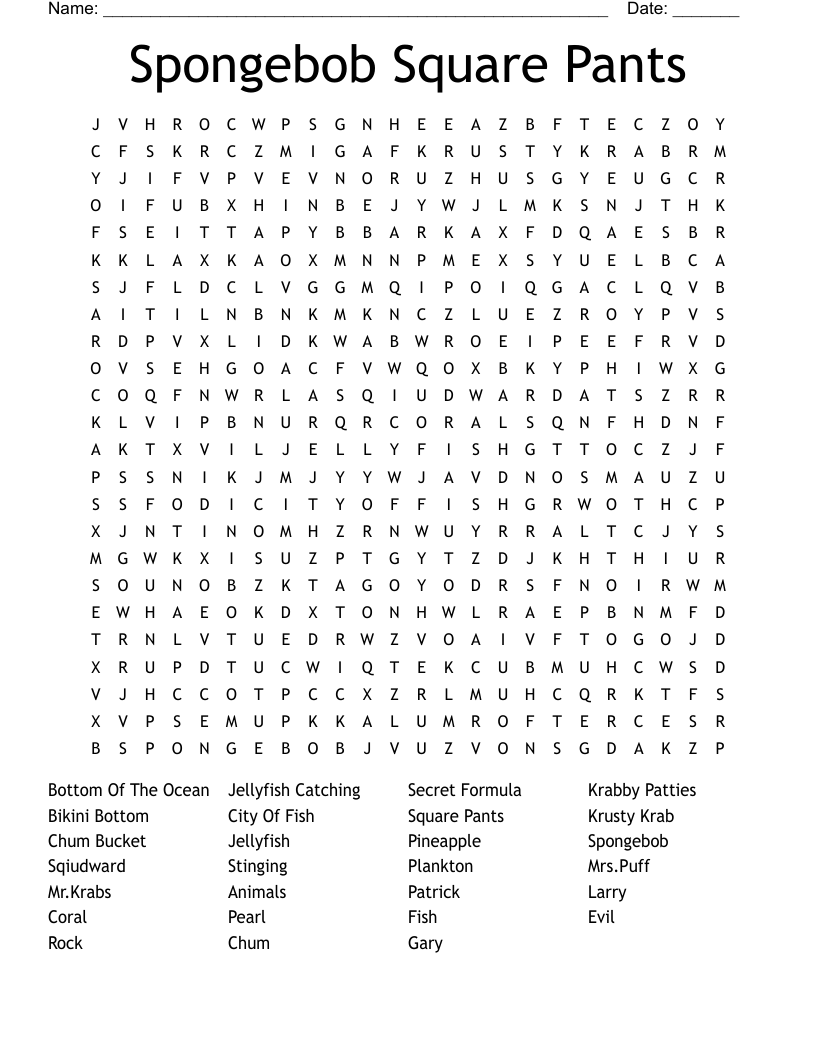 Spongebob Square Pants Word Search