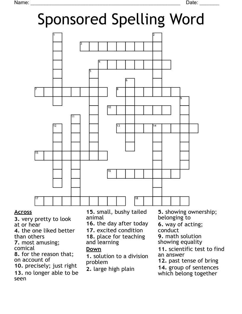 Sponsored Spelling Word Crossword
