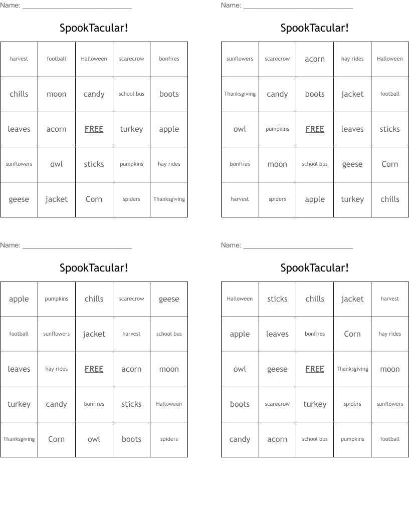 SpookTacular! Bingo Cards