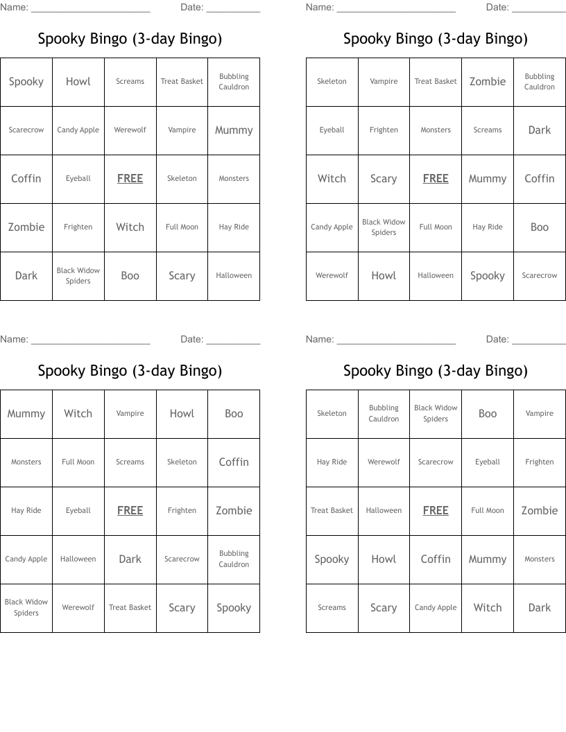 End of Summer-3 day Bingo