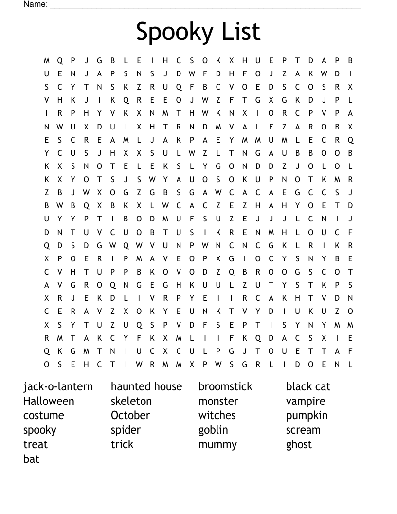 Spooky List Word Search