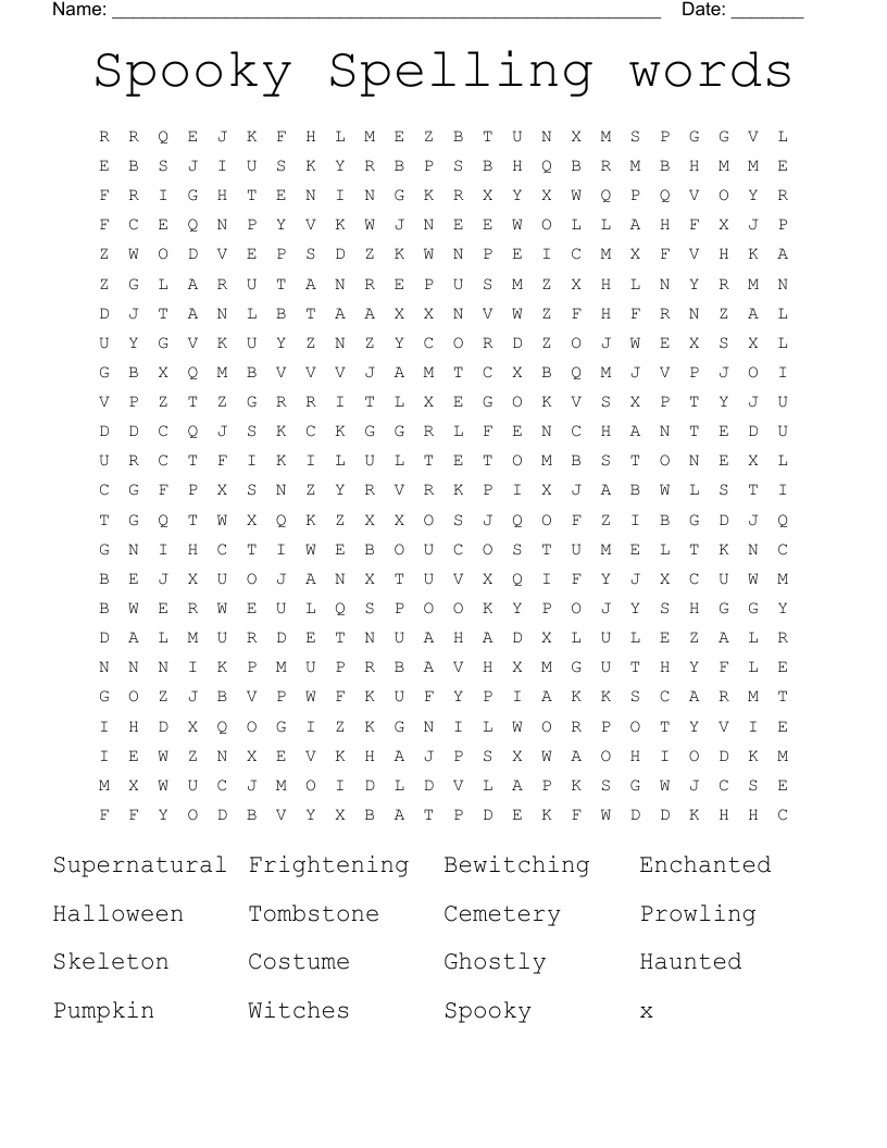 Spooky Spelling words Word Search
