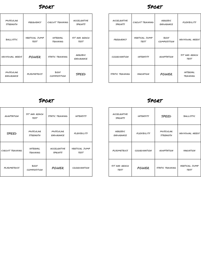Sport Bingo Cards