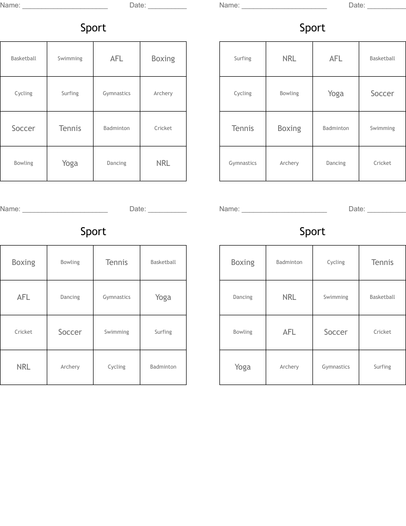 Sport Bingo Cards