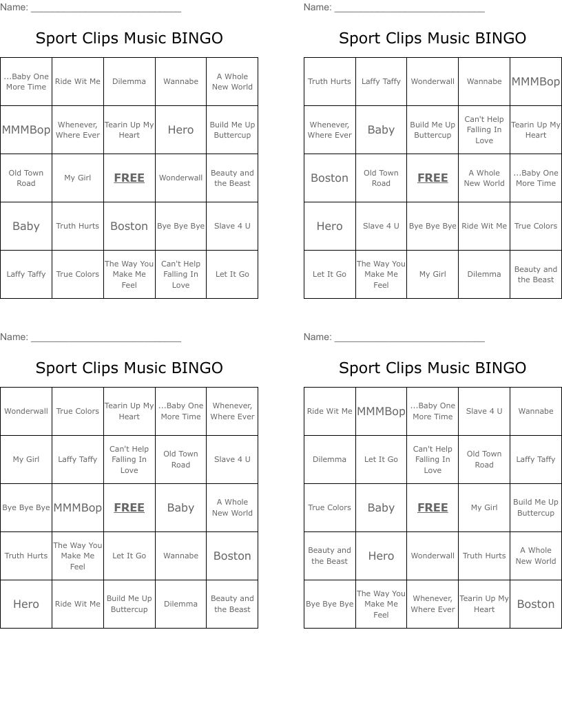 Sport Clips Music BINGO