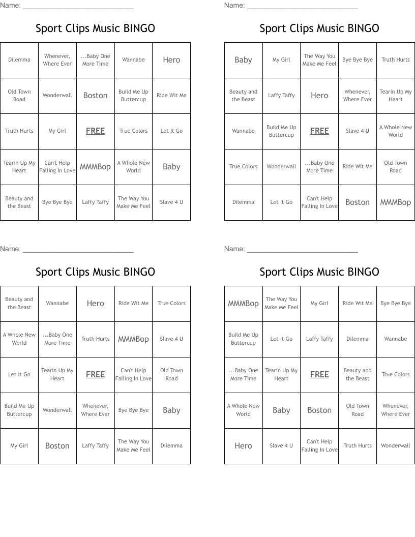 Sport Clips Music BINGO