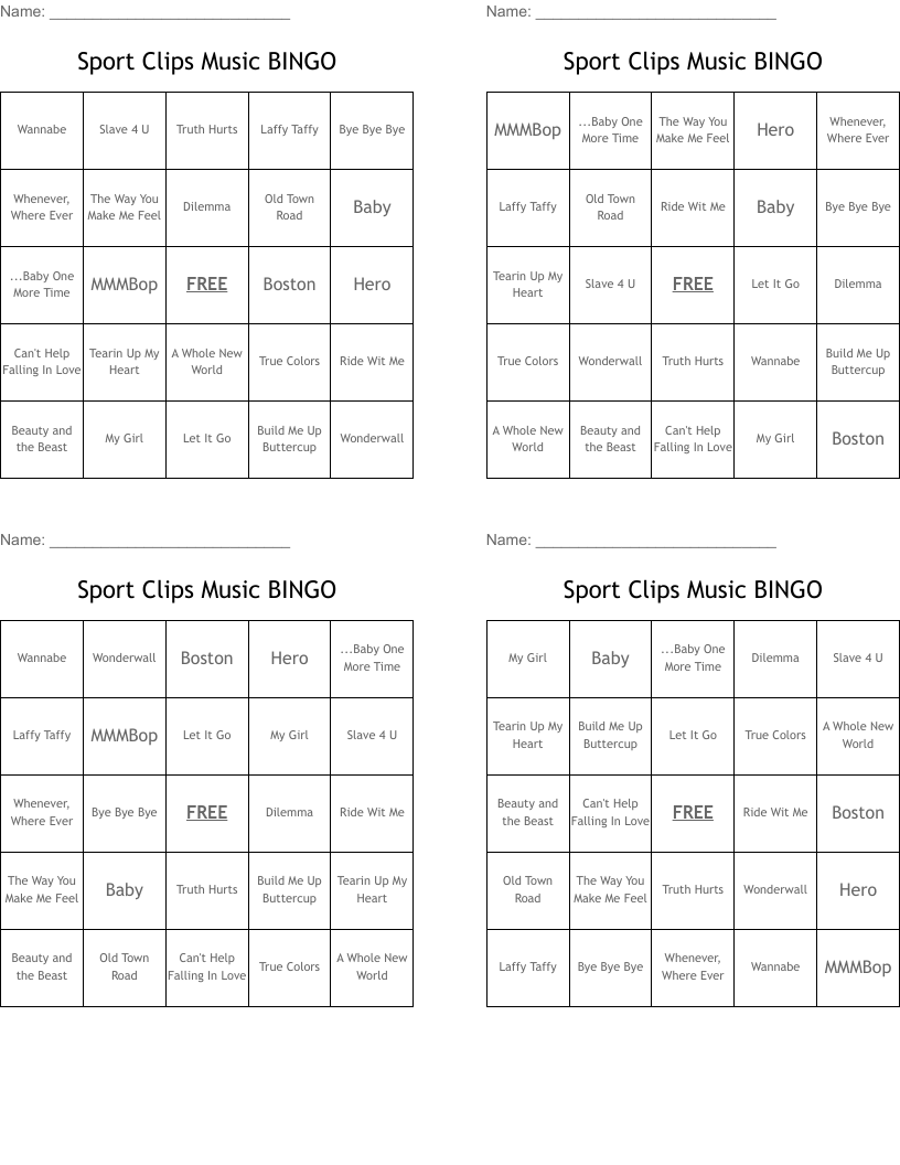 Sport Clips Music BINGO