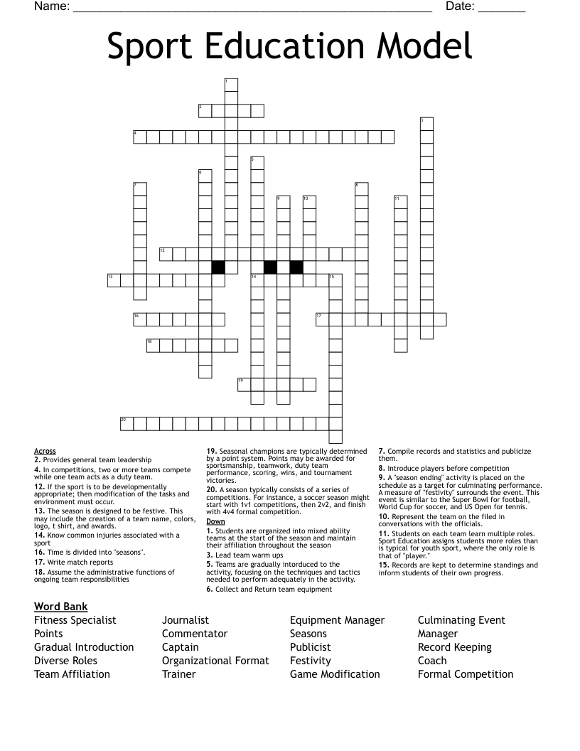 Sport Education Model Crossword