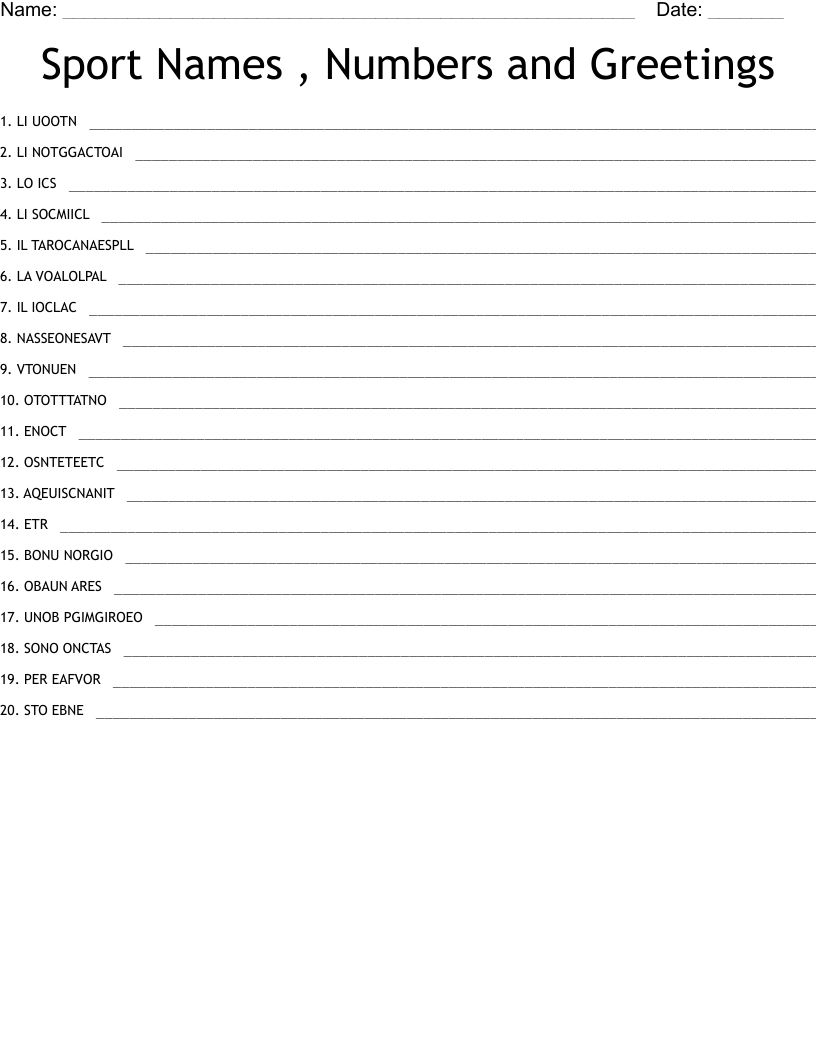 Sport Names , Numbers and Greetings Word Scramble