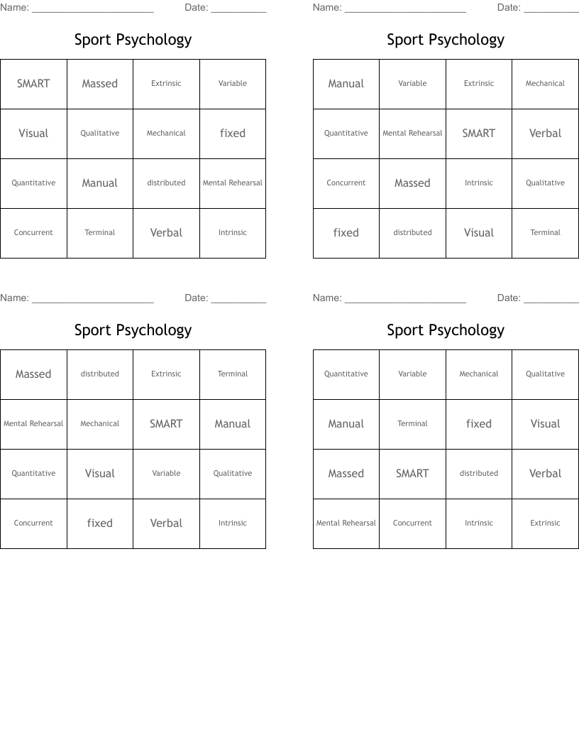 Sport Psychology Bingo Cards