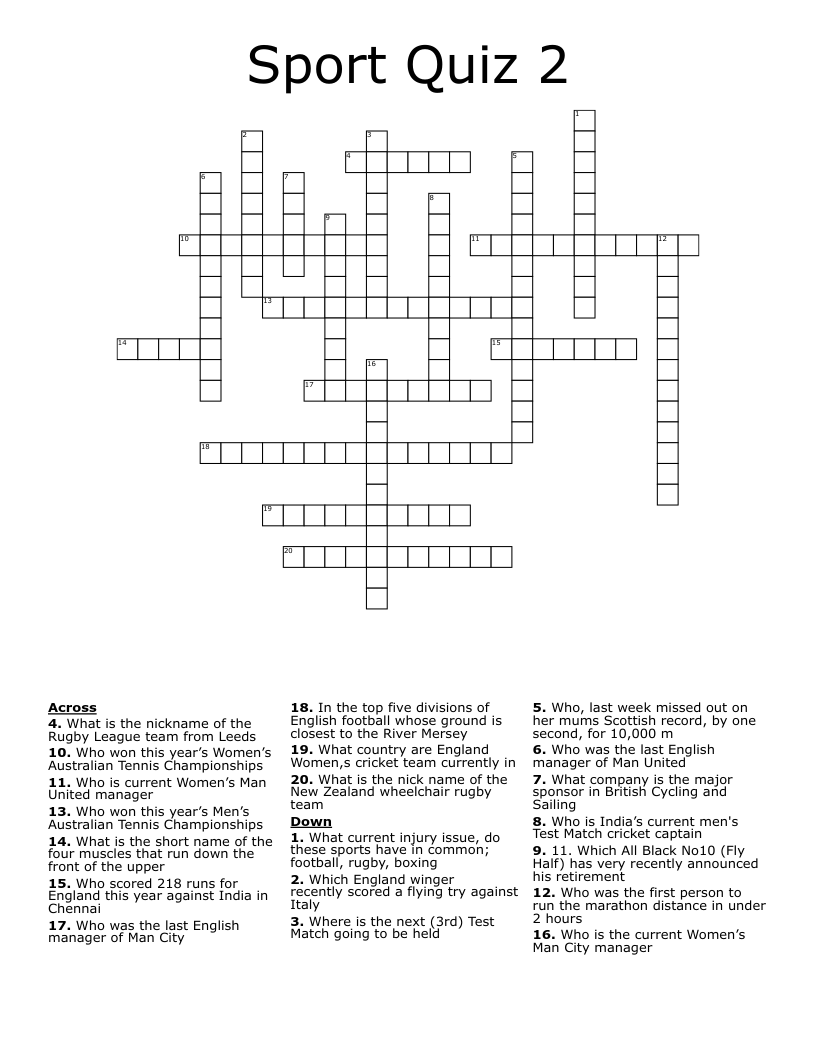 Sport Quiz 2 Crossword