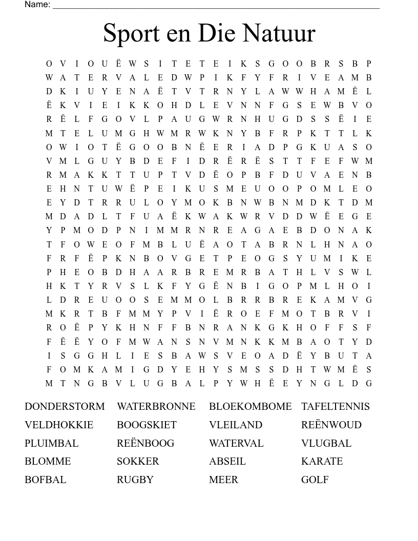 Sport en Die Natuur Word Search
