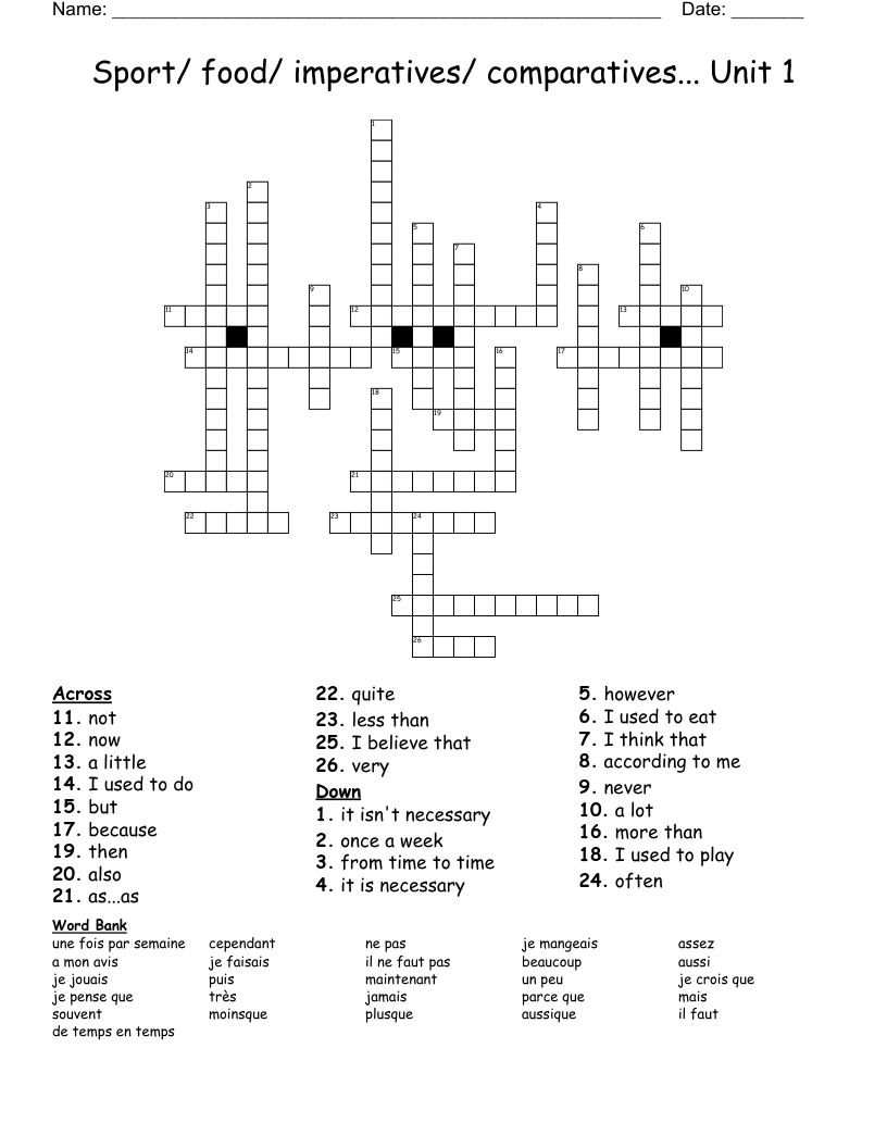 Sport/ food/ imperatives/ comparatives... Unit 1 Crossword