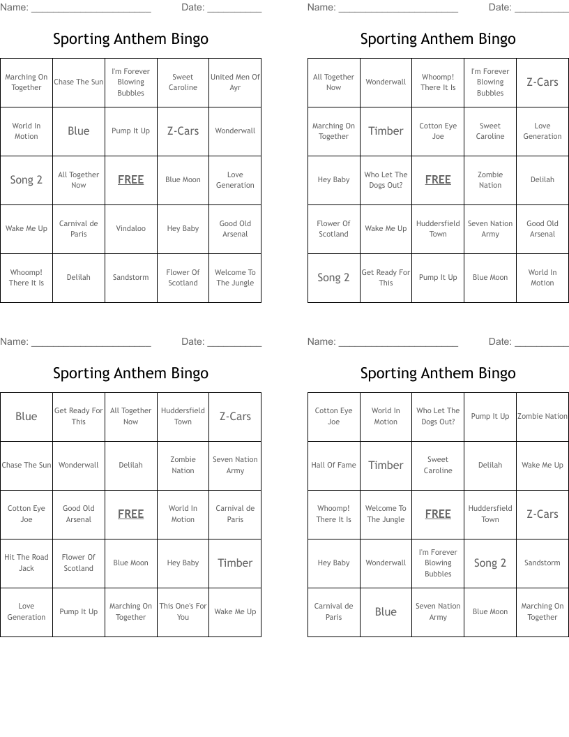 Sporting Anthem Bingo