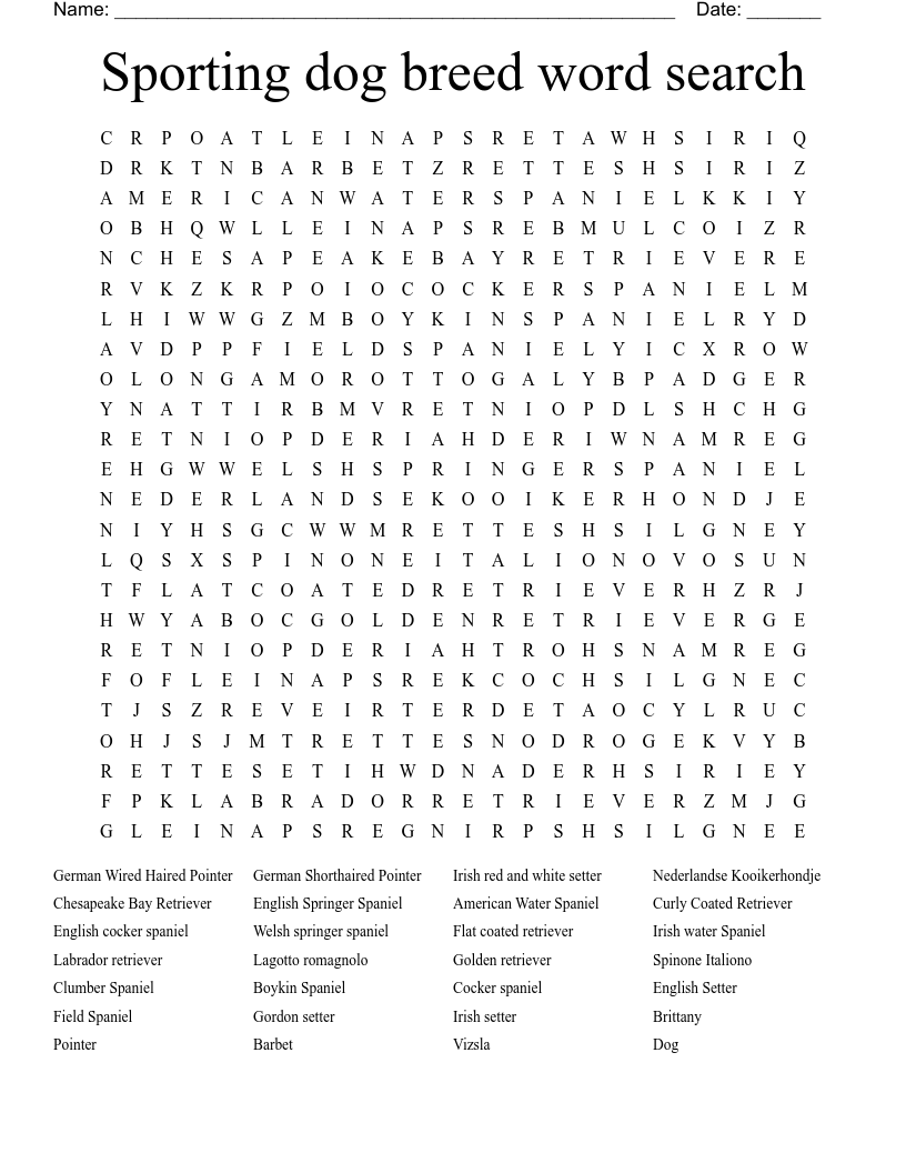 Sporting dog breed word search 