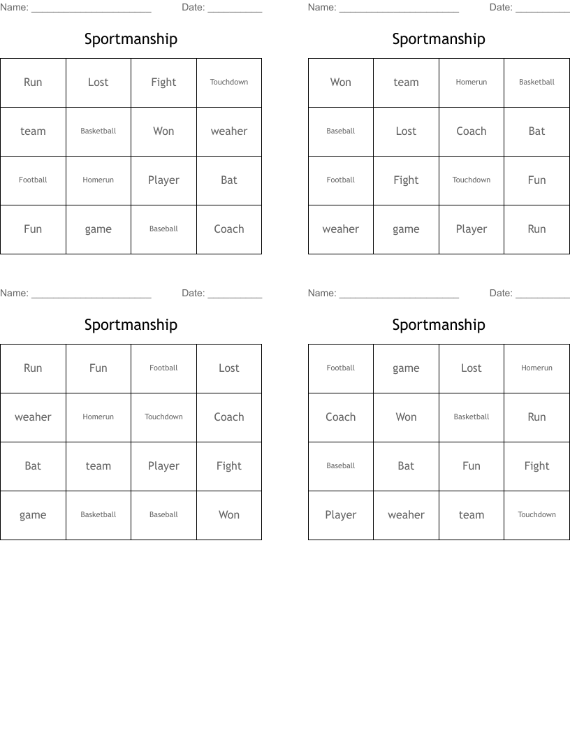 Sportmanship Bingo Cards