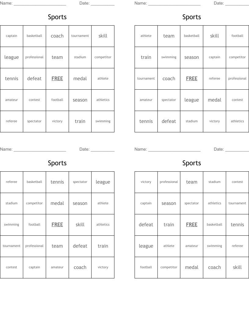Sports Bingo Cards