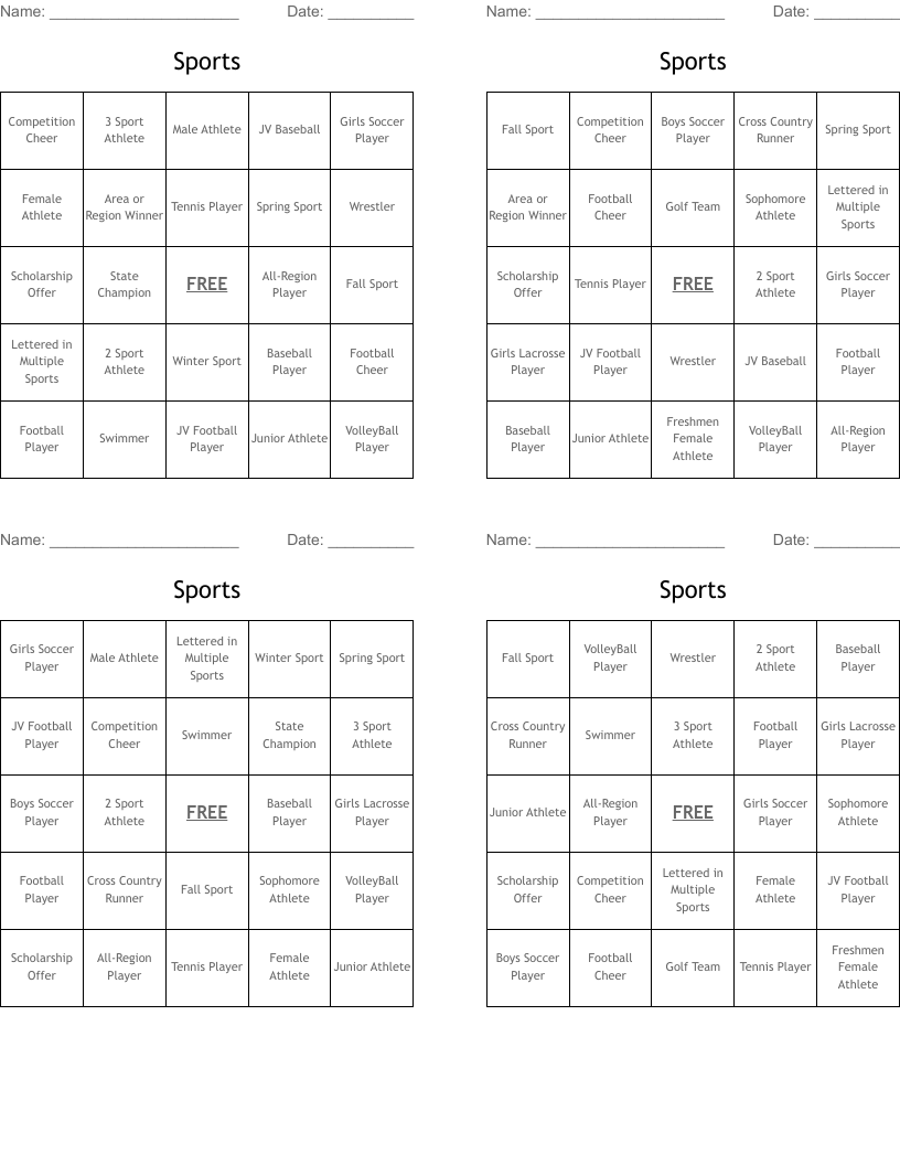 Sports Bingo Cards