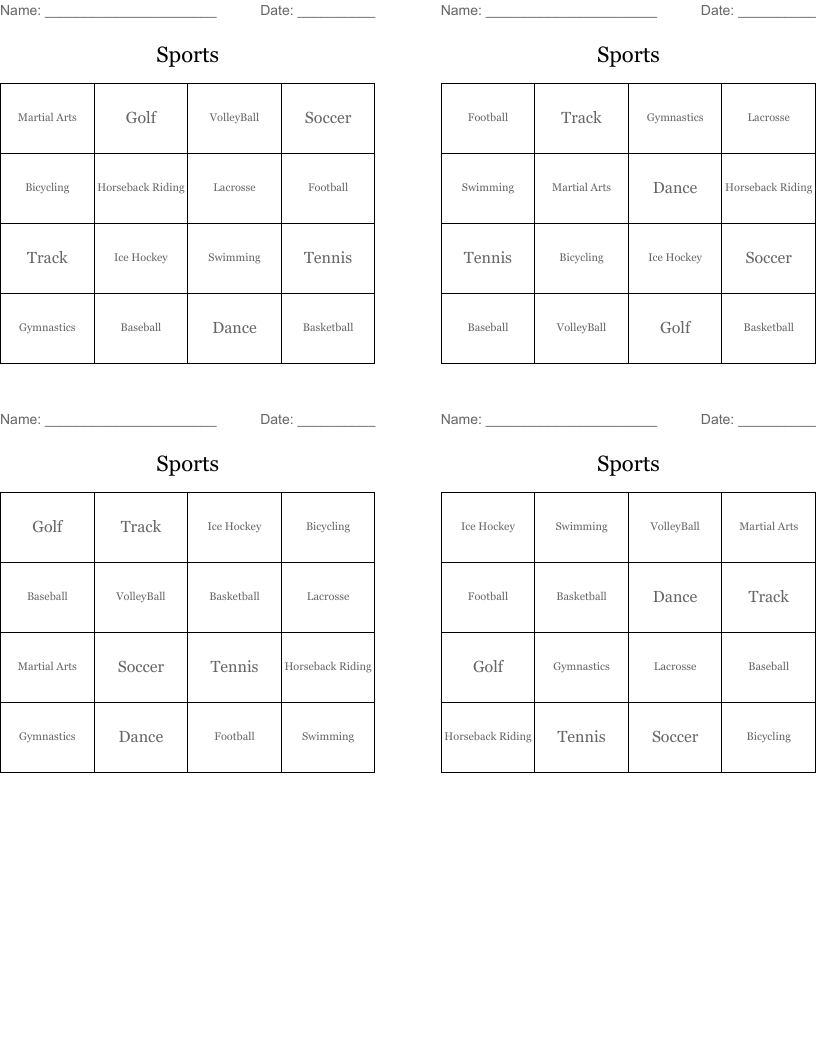Sports Bingo Cards