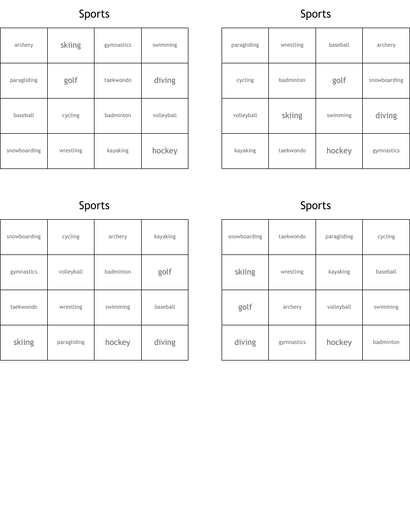 Sports Bingo Cards