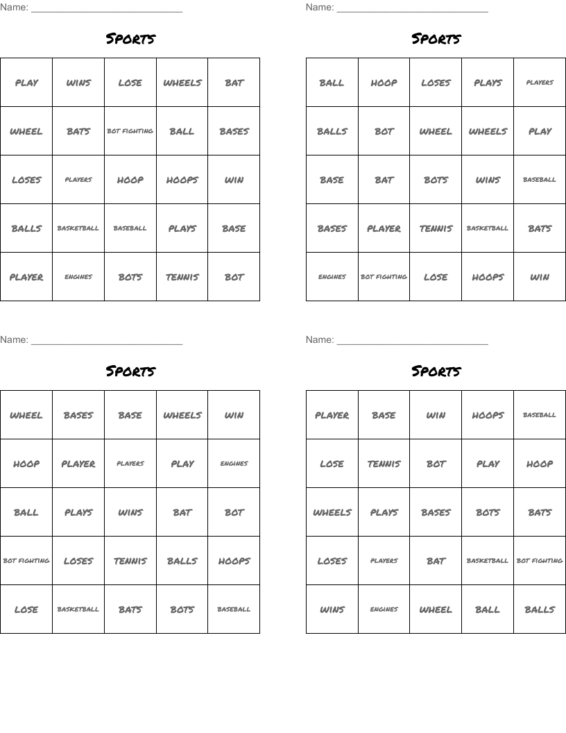 Sports Bingo Cards