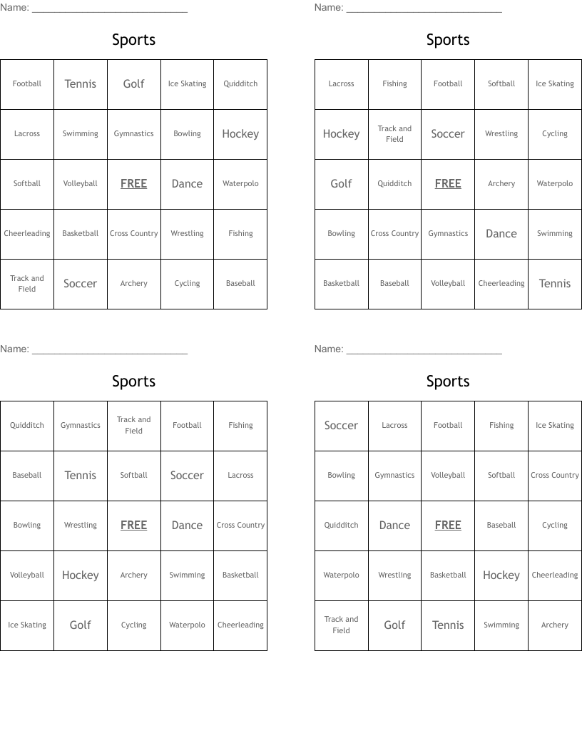 Sports Bingo Cards
