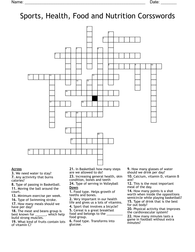 Sports, Health, Food and Nutrition Corsswords Crossword