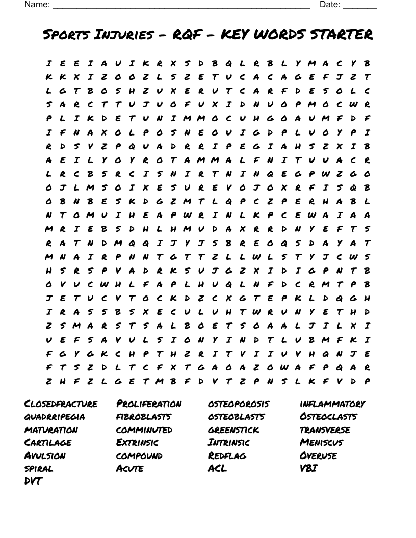 Sports Injuries - RQF - KEY WORDS STARTER Word Search