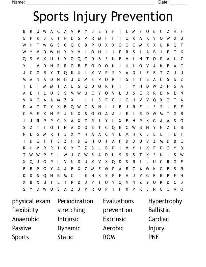 Sports Injury Prevention Word Search