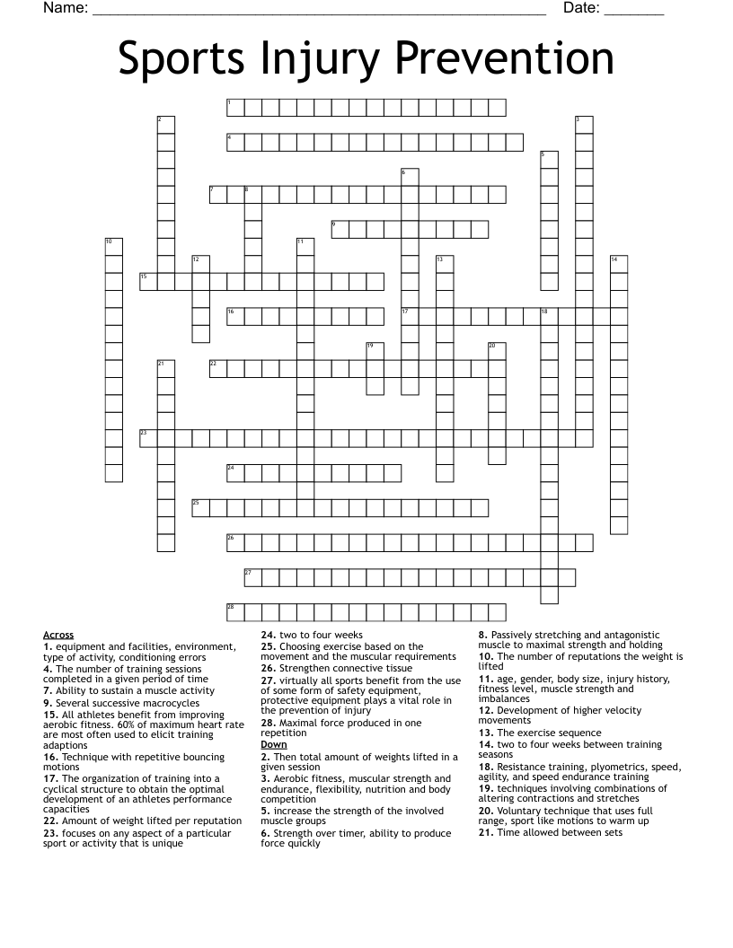 Sports Injury Prevention Crossword