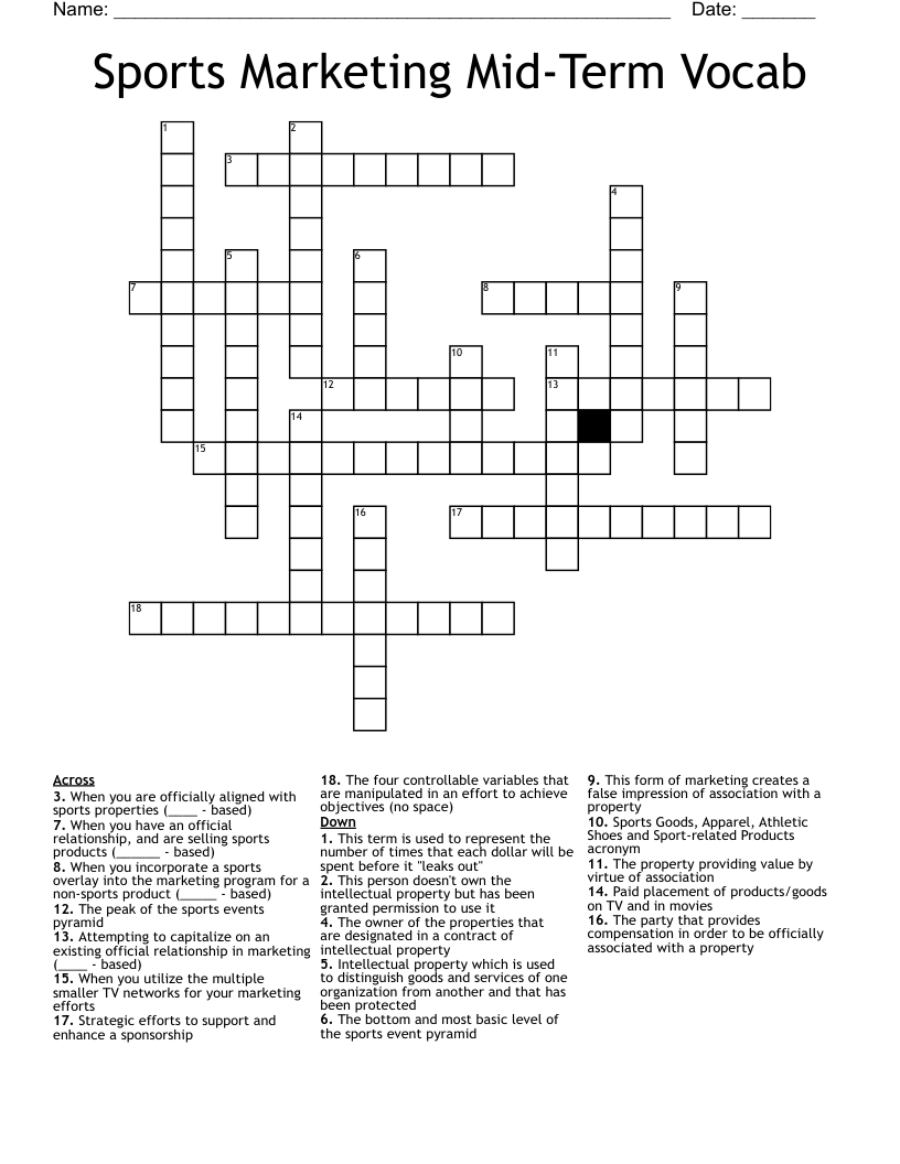Sports Marketing Mid-Term Vocab Crossword