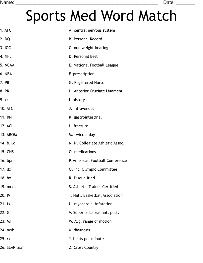Sports Med Word Match Worksheet