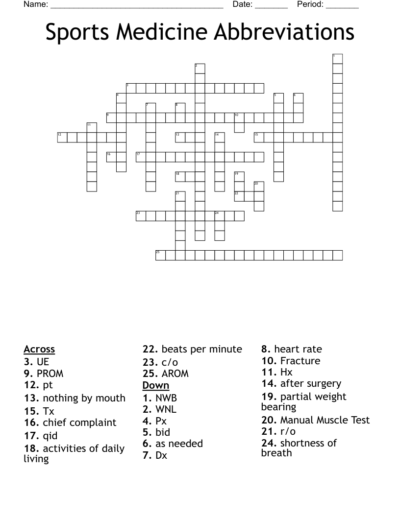 Sports Medicine Abbreviations  Crossword