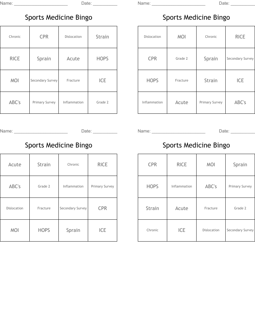 Sports Medicine Bingo