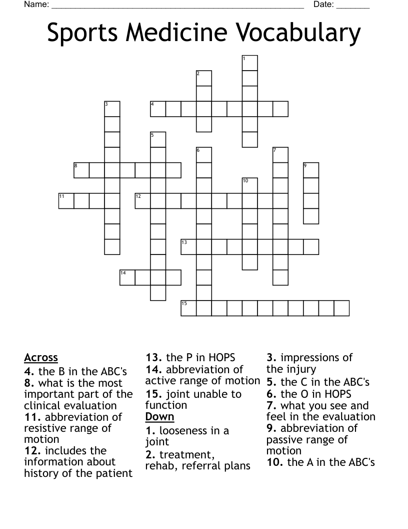 Sports Medicine Vocabulary Crossword