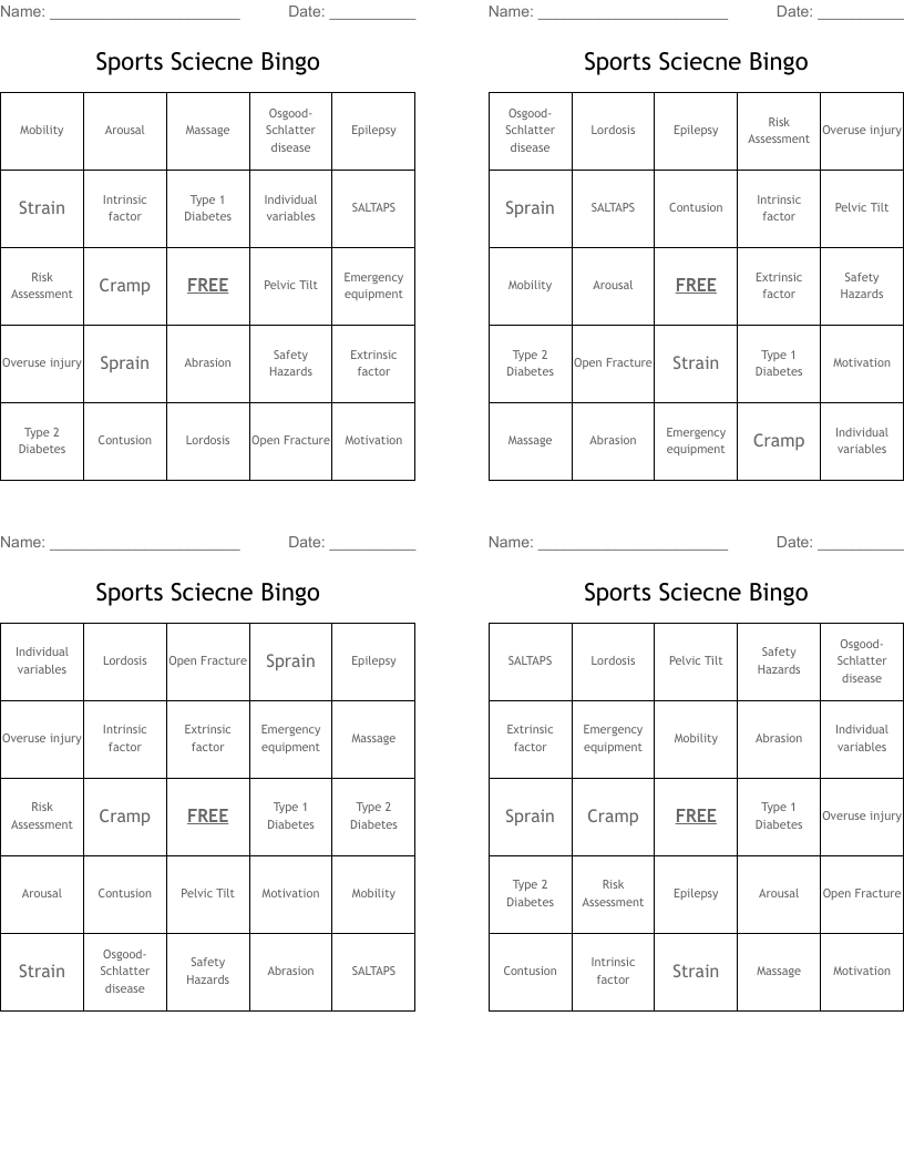 Sports Sciecne Bingo