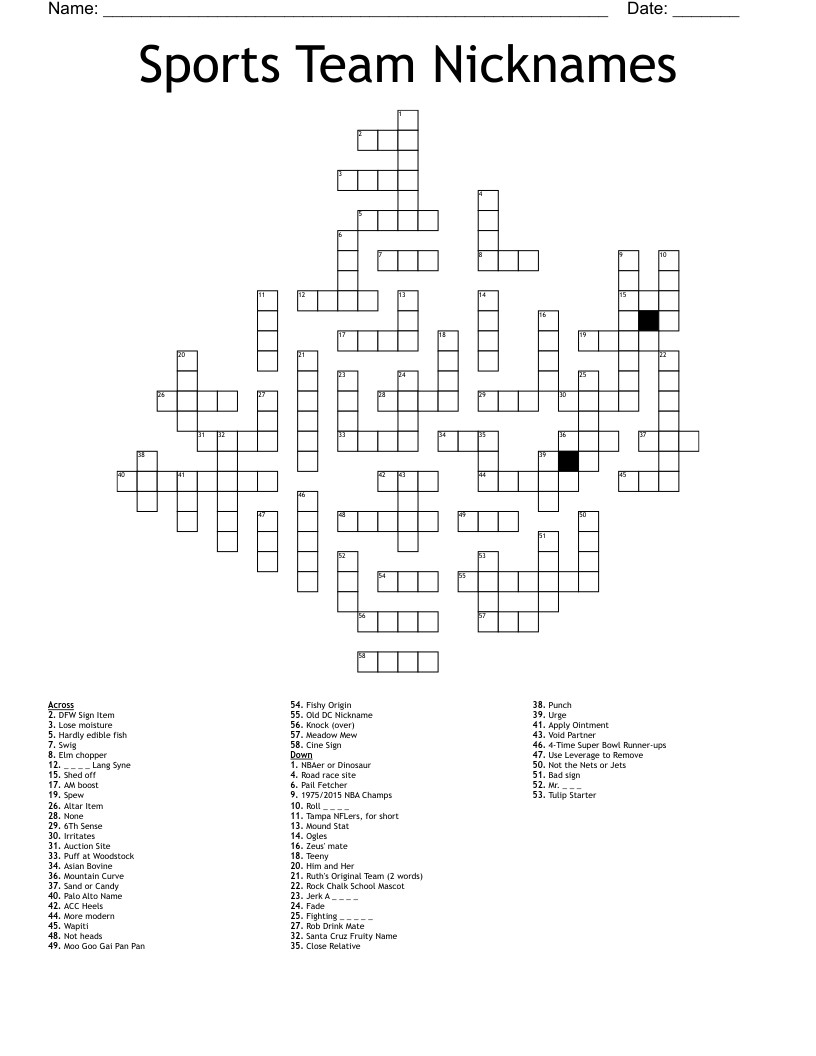Sports Team Nicknames Crossword