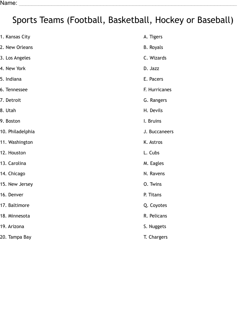 Sports Teams (Football, Basketball, Hockey or Baseball) Worksheet