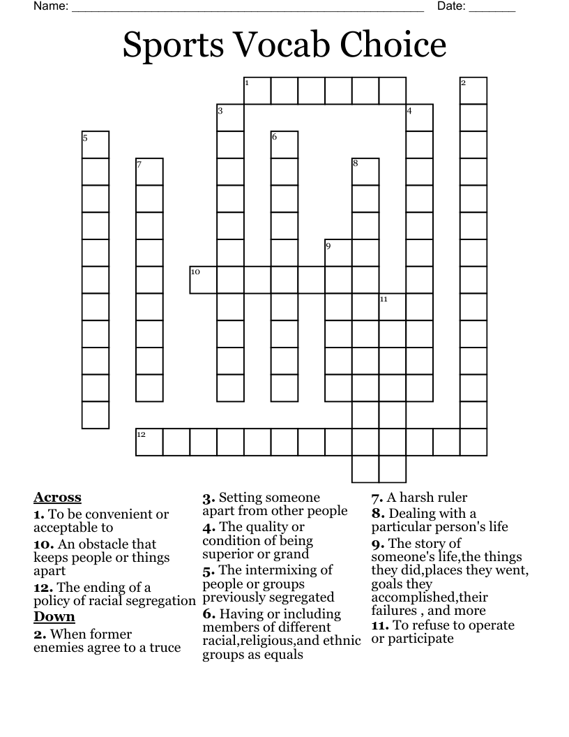 Sports Vocab Choice Crossword