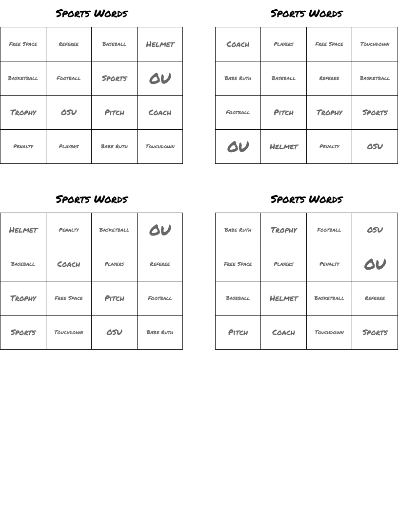 Sports Words Bingo Cards