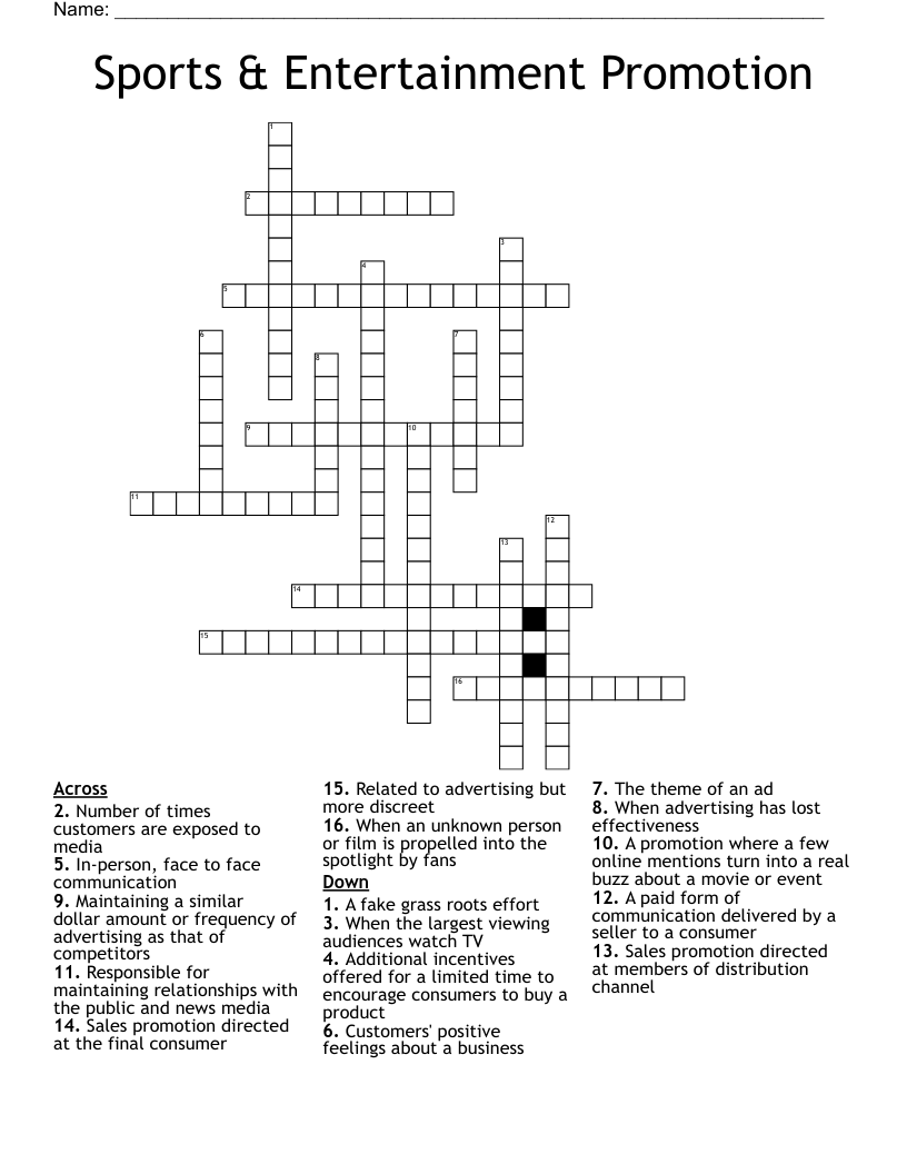 Sports & Entertainment Promotion Crossword
